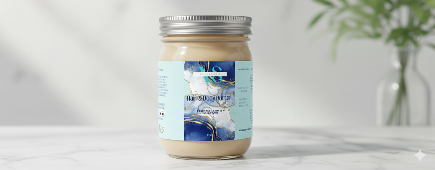 Jar of Body Butter with a label on a white surface
