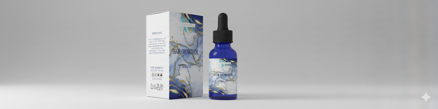 Blue bottle with dropper and packaging on a gray background