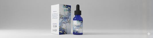 Blue bottle with dropper and packaging on a gray background